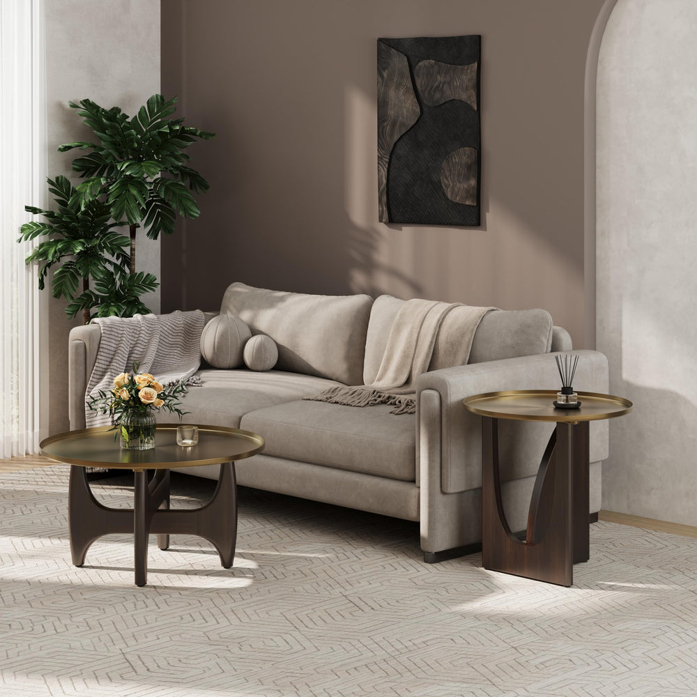 Round Coffee Table with Metal Tray Top & Wood X-Base