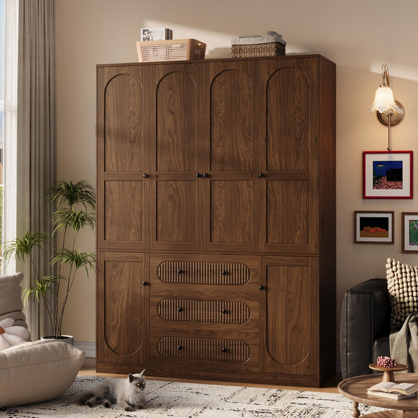 4-Door Freestanding Wardrobe Armoire with Drawers & Hanging Rods