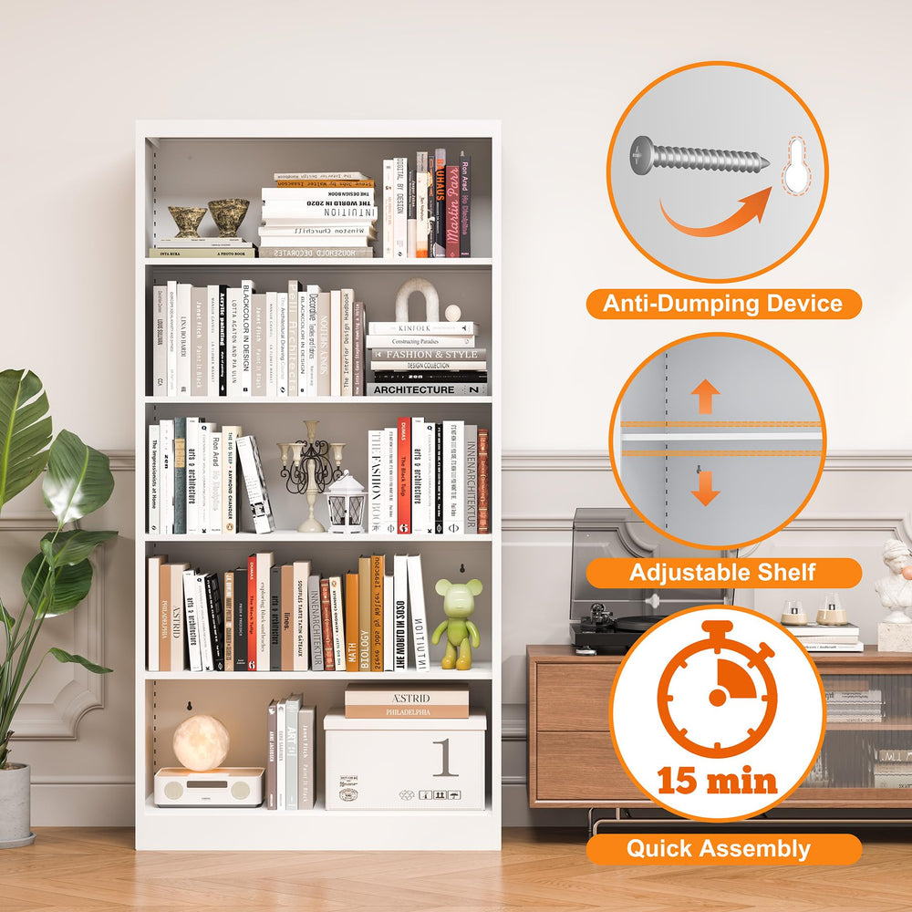 5-Tier Tall Metal Bookcase with Adjustable Shelves