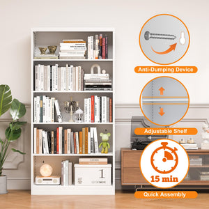 5-Tier Tall Metal Bookcase with Adjustable Shelves
