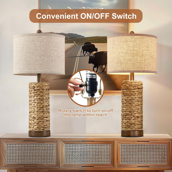 Natural Rattan Table Lamps Set of 2 with Linen Shade
