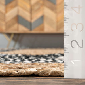 6' Round Black Geometric Cotton Jute Area Rug