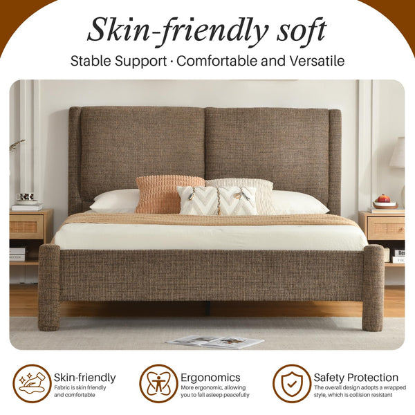 Upholstered Platform Bed Frame with Padded Headboard & Slatted Support