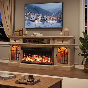 70" Electric Fireplace TV Stand with 3-Sided Glass Insert, Storage Cabinets & Open Shelf