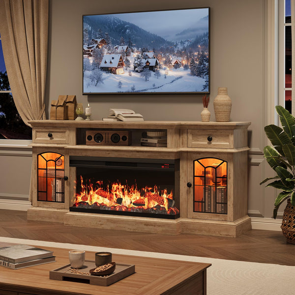 70" Electric Fireplace TV Stand with 3-Sided Glass Insert, Storage Cabinets & Open Shelf