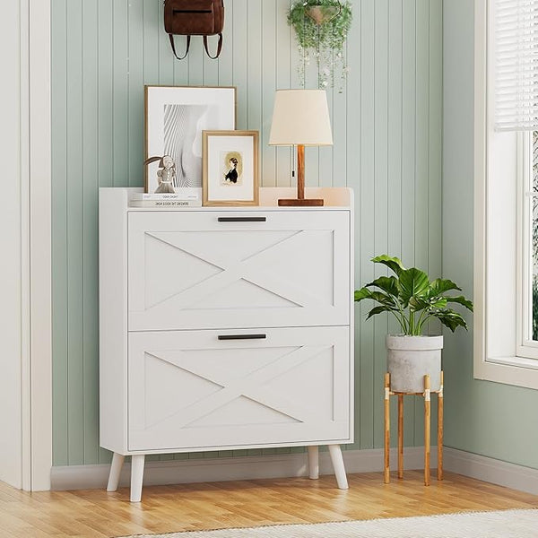 Farmhouse Shoe Storage Cabinet with 2 Flip Drawers – Slim Entryway Shoe Rack