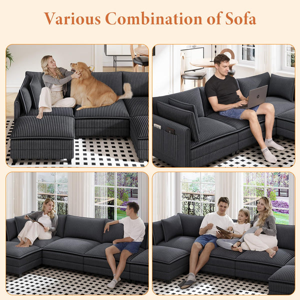 109" L-Shaped Corduroy Sectional Sofa with Ottoman