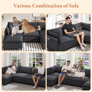 109" L-Shaped Corduroy Sectional Sofa with Ottoman