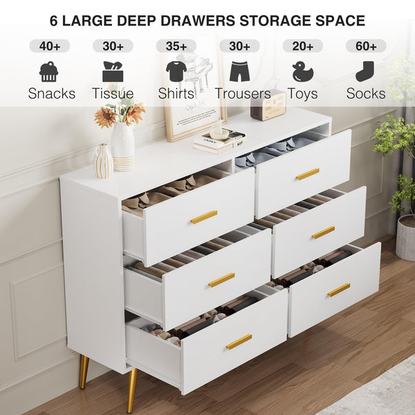 6-Drawer Dresser with Gold Handles | Modern Wooden Chest for Bedroom