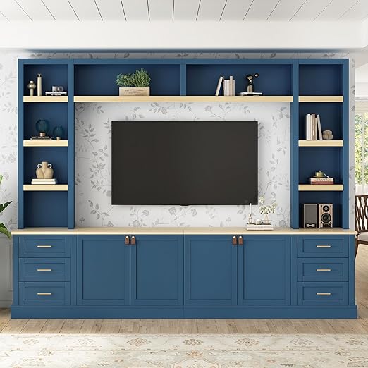 102.3" Farmhouse 4-Piece Entertainment Center with Drawers & Adjustable Shelves