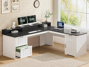 L-Shaped Desk with Drawers, File Cabinet & Monitor Stand – 63"