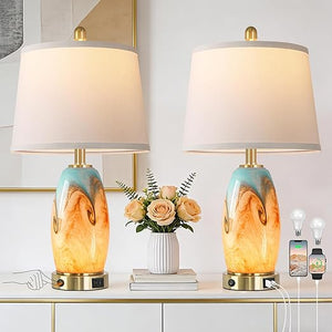 Coastal Glass Table Lamp Set of 2 – 7 Lighting Modes, USB Charging, LED Bulbs Included