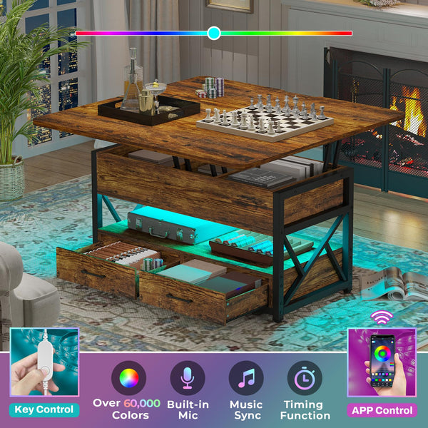 Lift Top Coffee Table with Storage, Drawers & LED Light