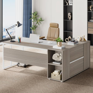 Tribesigns 71 inch Executive Desk, L Shaped Desk with Cabinet Storage, Executive Office Table with Shelves, Business Furniture Set Workstation for Home Office, Gray