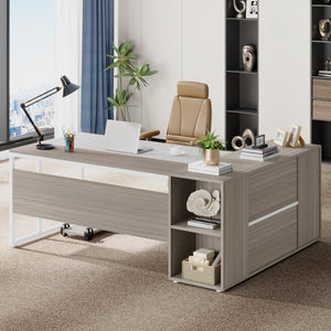 L-Shaped Executive Desk with Storage Cabinet & Shelves, 71"