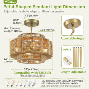 Petal-Shaped Boho Rattan Chandelier – Handwoven Pendant Light