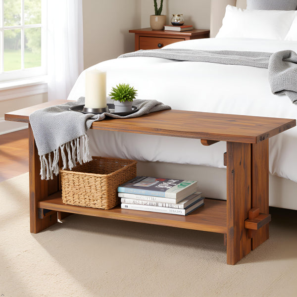 40" Entryway Bench with Storage Shelf – Solid Acacia Wood