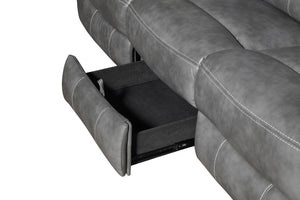 Grey Reclining Sofa with Power Outlet, Padded Headrests & Hidden Storage
