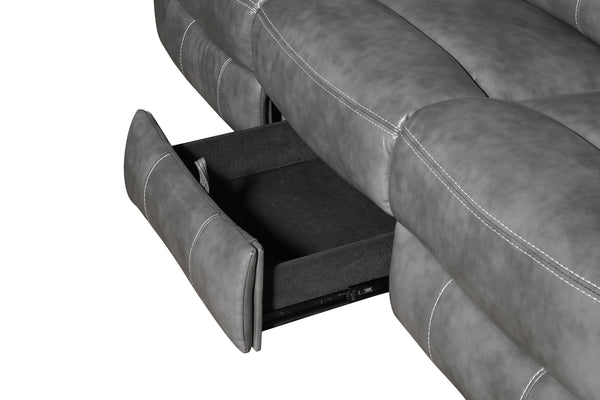 Grey Reclining Sofa with Power Outlet, Padded Headrests & Hidden Storage