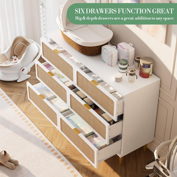 Rattan 6-Drawer Dresser – Boho Farmhouse Chest of Drawers
