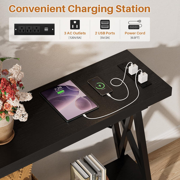 Console Table with Charging Station & Storage Shelf