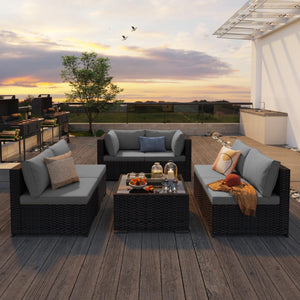 7-Piece Outdoor PE Rattan Sectional Sofa Set with Cushions & Glass Coffee Table
