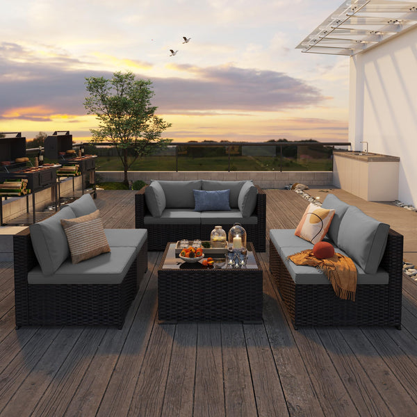 7-Piece Outdoor PE Rattan Sectional Sofa Set with Cushions & Glass Coffee Table