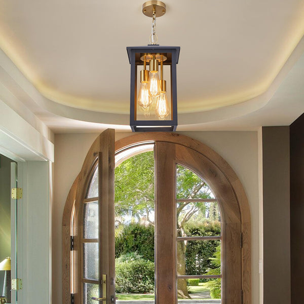 3-Light Outdoor Hanging Lantern Pendant – Farmhouse Black & Gold, Clear Glass