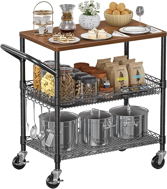 3-Tier Rolling Kitchen Cart with Wood Top