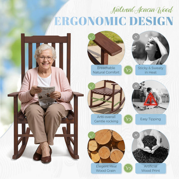 Acacia Wood Patio Rocking Chair – High Back & Wide Armrest