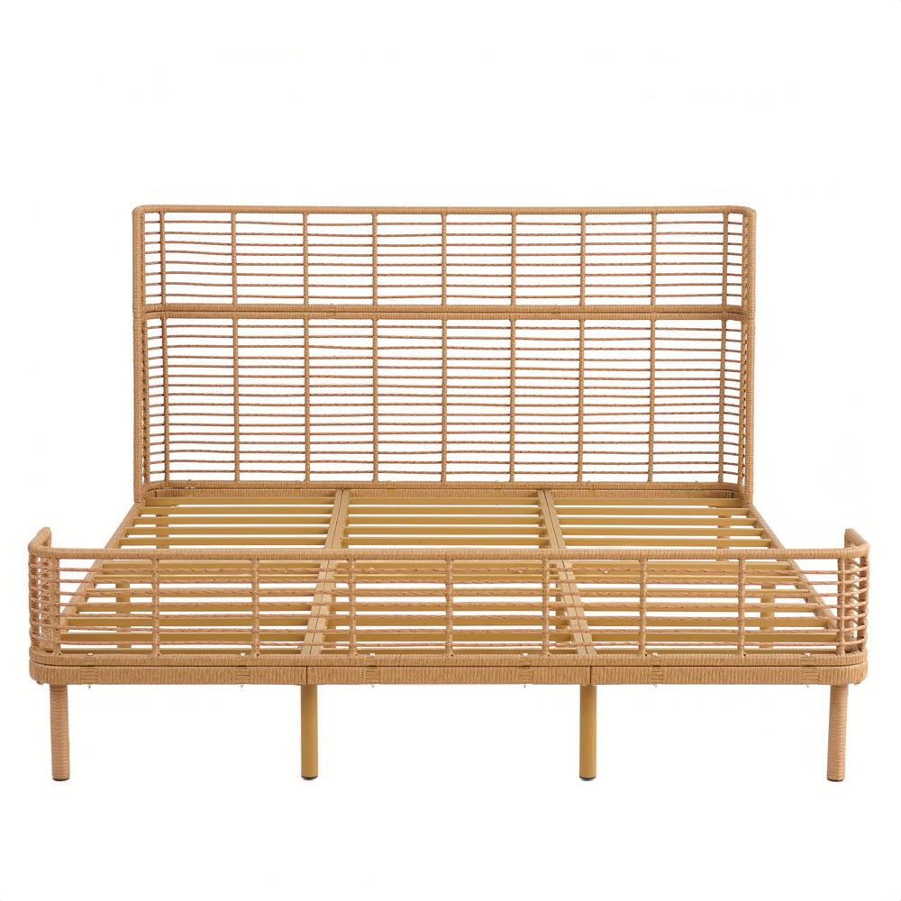 Boho Rattan Platform Bed Frame with Wingback Headboard