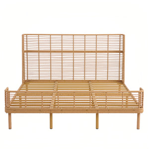 Boho Rattan Platform Bed Frame with Wingback Headboard
