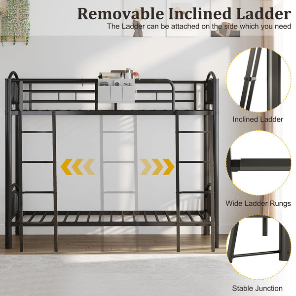 Twin Over Twin Metal Bunk Bed with Storage & Convertible Ladder