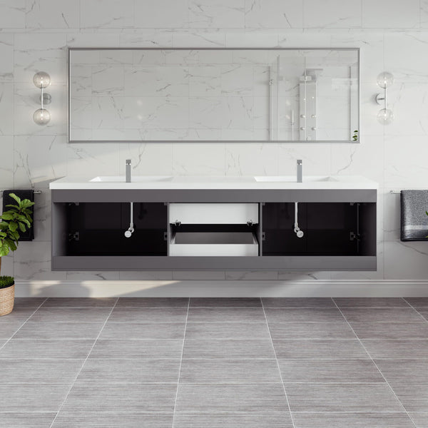 84-Inch Wall Mount Double Sink Bathroom Vanity with Acrylic Top