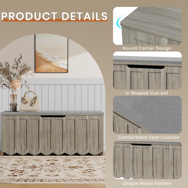 Storage Bench with Cushion Seat & Swivel Wheels — Grey