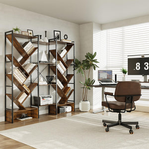 Triple 6-Tier Industrial Tree Bookshelf – 24 Open Shelves