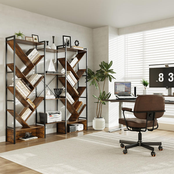 Triple 6-Tier Industrial Tree Bookshelf – 24 Open Shelves