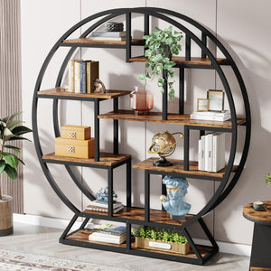 Round Etagere Bookcase with Staggered Shelves, 63" Industrial Bookshelf