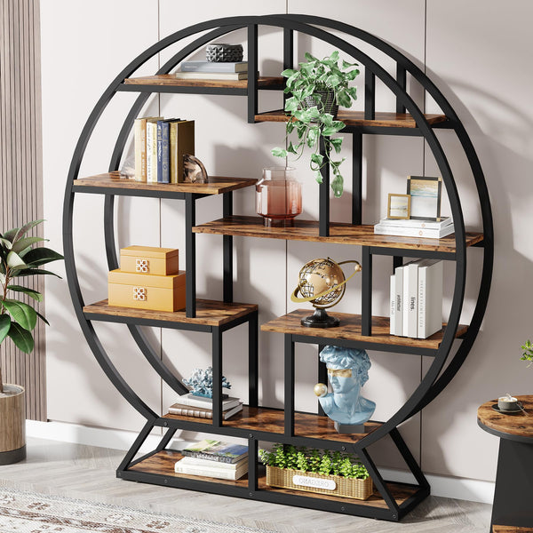 Round Etagere Bookcase with Staggered Shelves, 63" Industrial Bookshelf