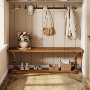 59-Inch Solid Wood Entryway Bench with Open Shelf