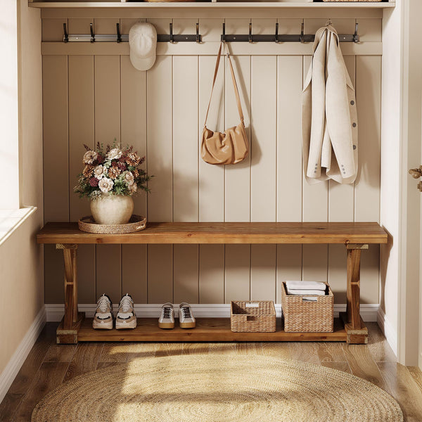 59-Inch Solid Wood Entryway Bench with Open Shelf