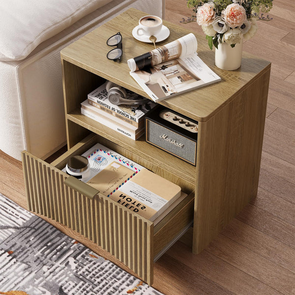 Fluted Nightstand Set of 2 with Drawer & Open Shelf