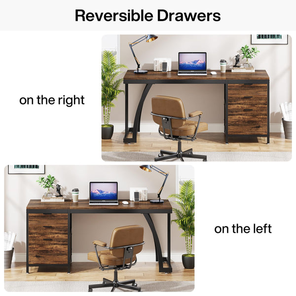 59-Inch Industrial Computer Desk with 3 Drawers and File Storage