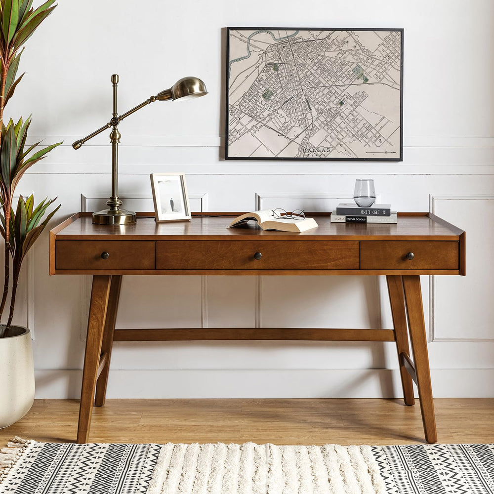 Mid-Century Modern Home Office Desk with 3 Drawers & Charging Station