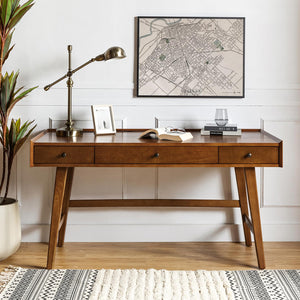 Mid-Century Modern Home Office Desk with 3 Drawers & Charging Station