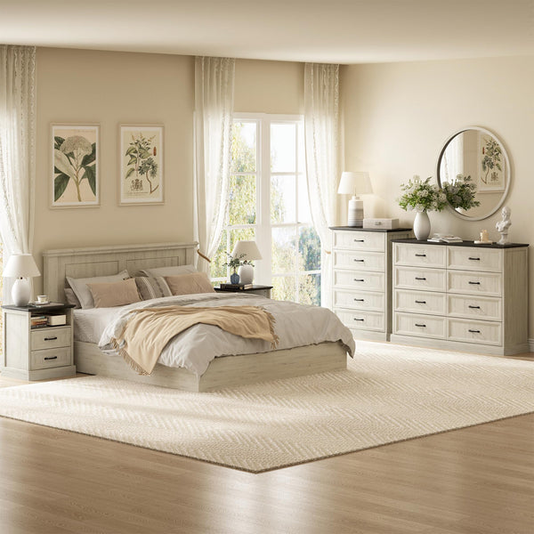 Farmhouse Dresser & Nightstand Bedroom Set – 4 Piece, White