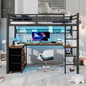 Twin Loft Bed with U-Shaped Desk, LED, Storage Drawers & Power Outlet