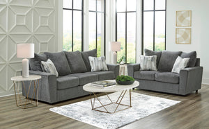Gray Loveseat with Flared Arms & Accent Pillows