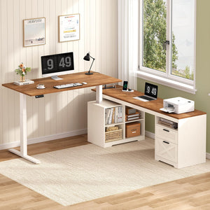 L-Shaped Electric Standing Desk with Drawers, Storage Shelves & Power Outlets, 66 Inch Corner Height Adjustable Computer Desk