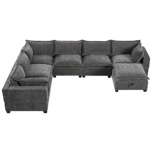 U-Shaped Sectional Sofa with Storage Ottoman – 7-Seat Chenille Couch, Grey